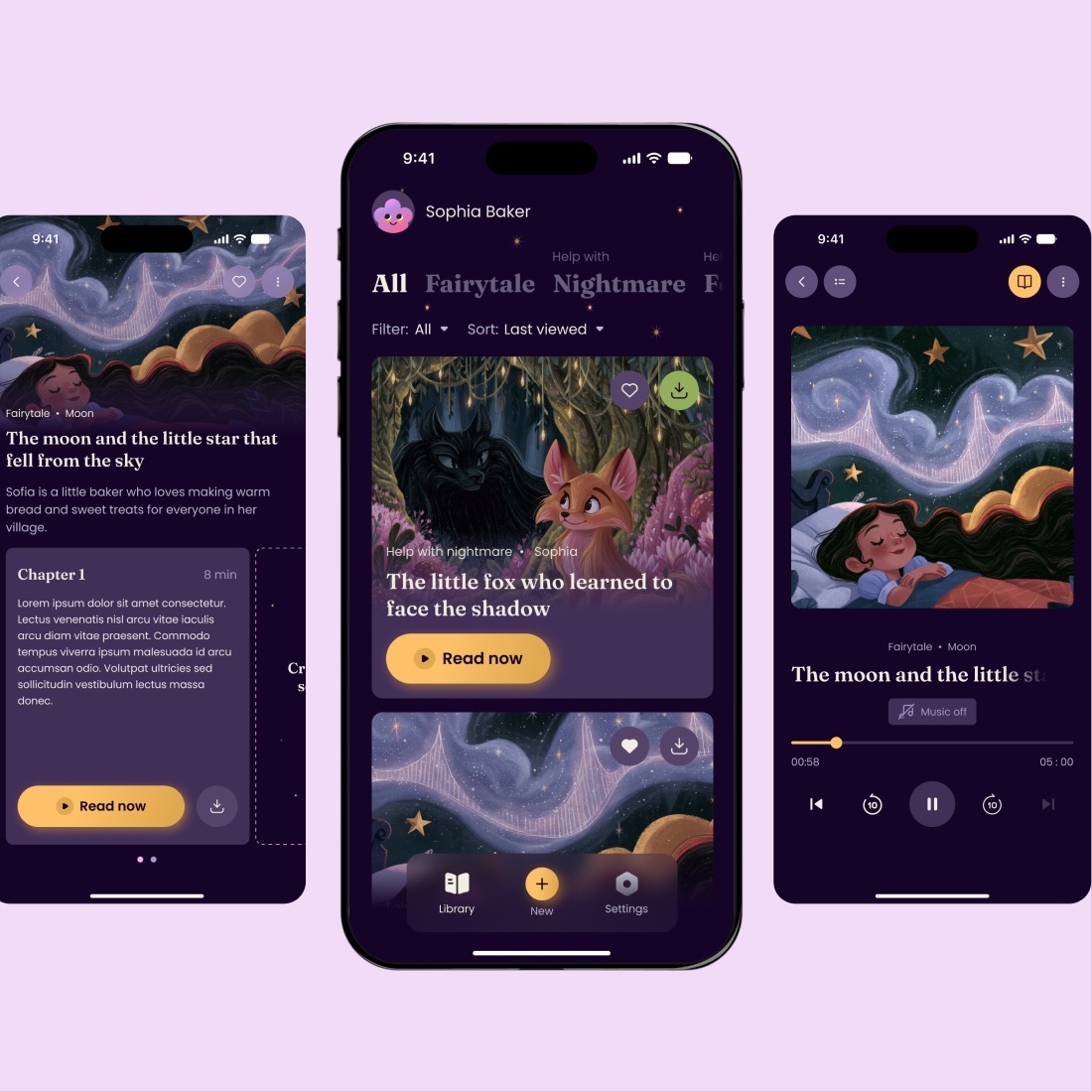 Cloudberry app: a story with chapters, the home library and the audio player