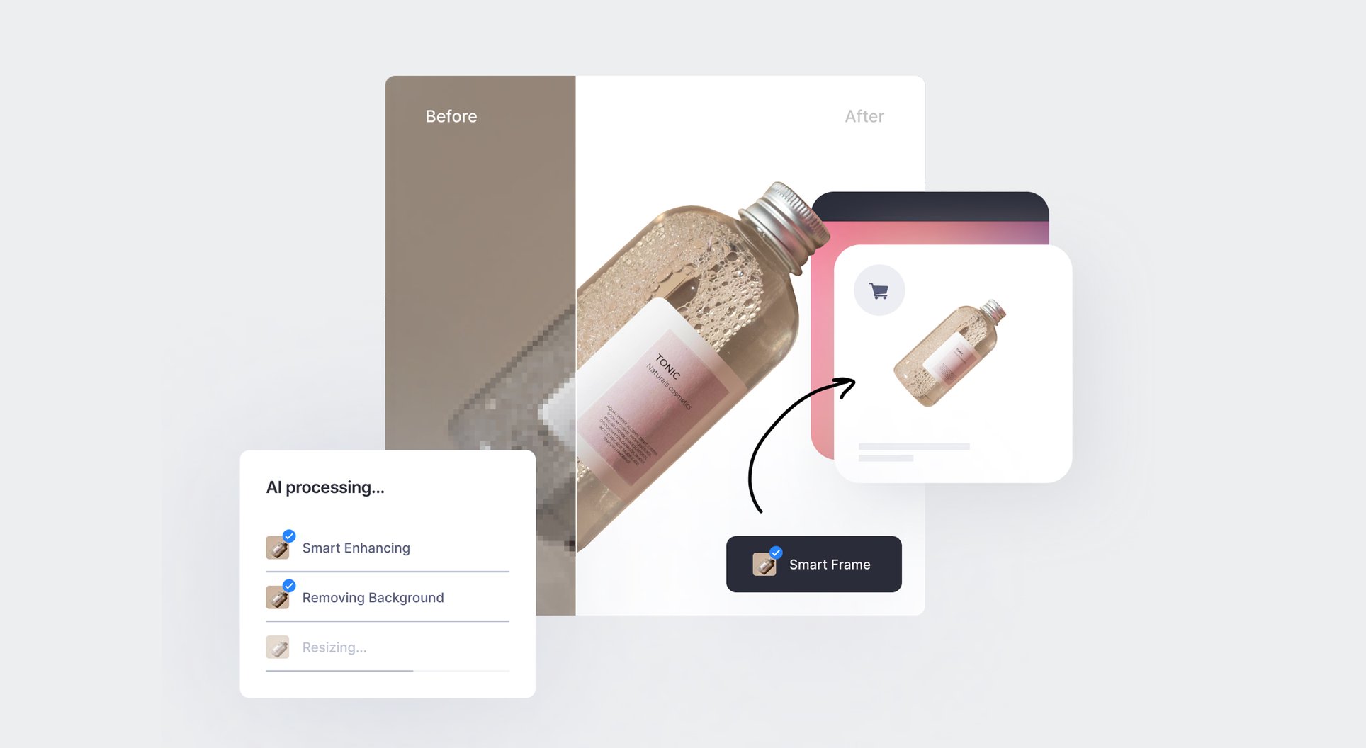 AI processing a product photo: before and after background removal, with a Smart Frame result
