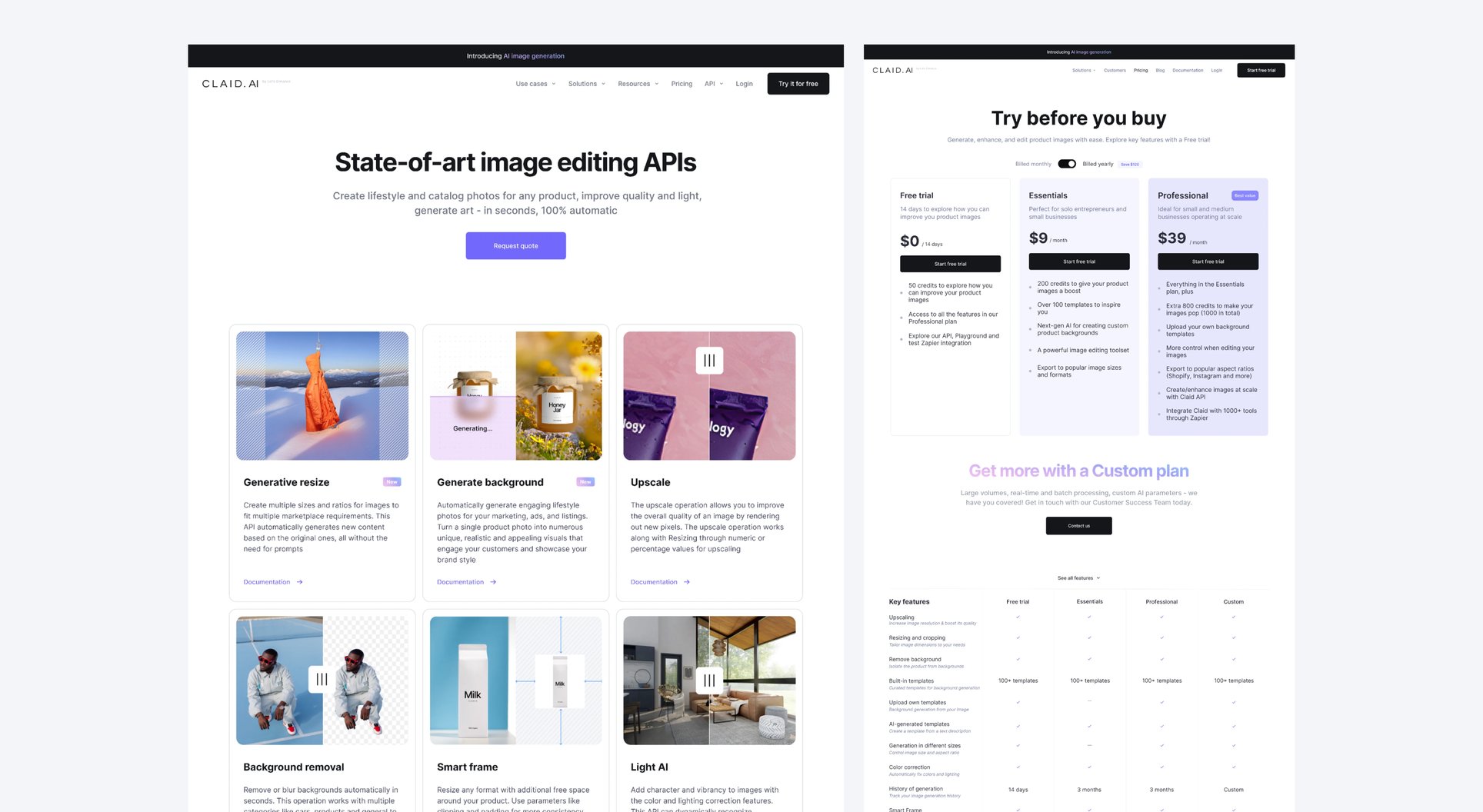 Claid website: image editing API landing page and pricing plans