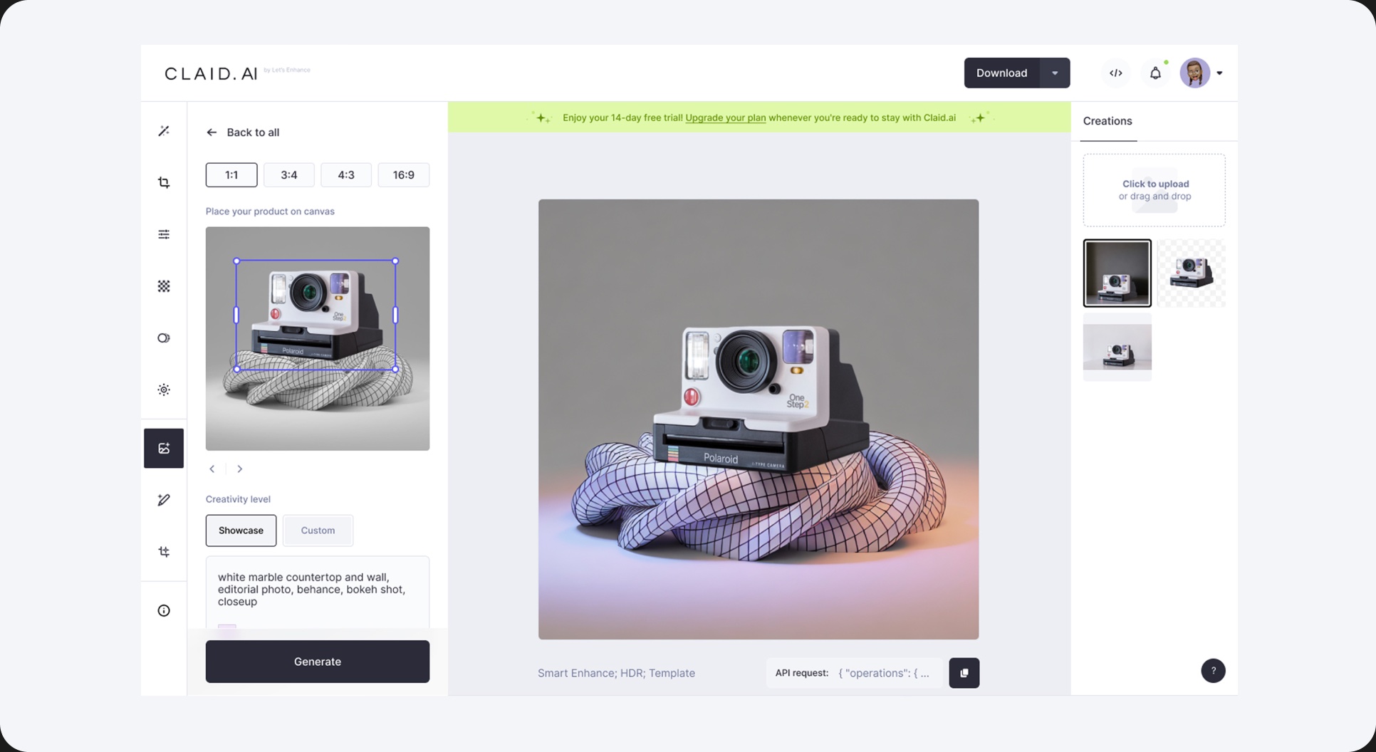 Claid background generation: a camera placed on a generated rope scene from a text prompt