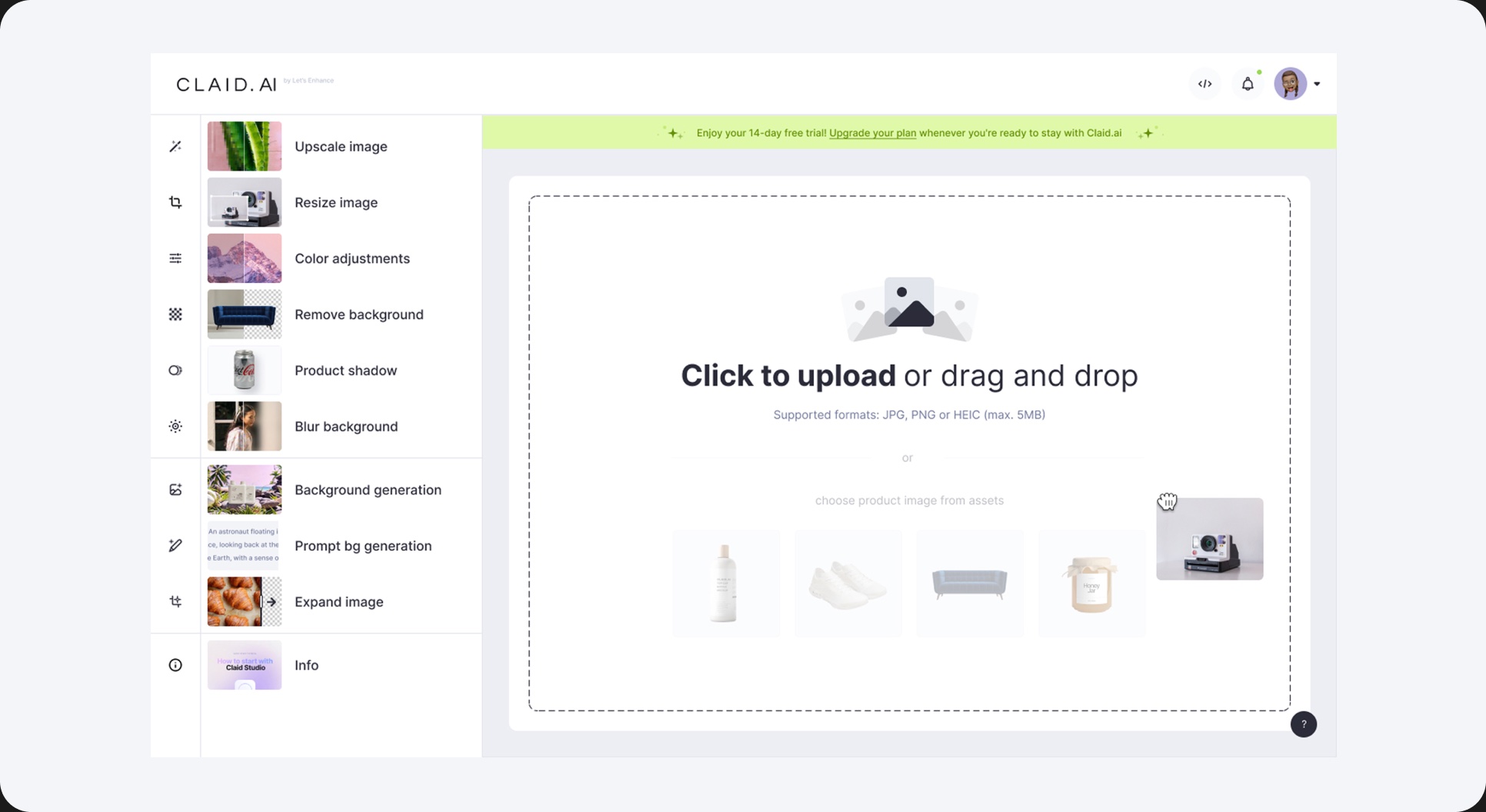 Claid editor start screen: tools list and an upload area for a product photo