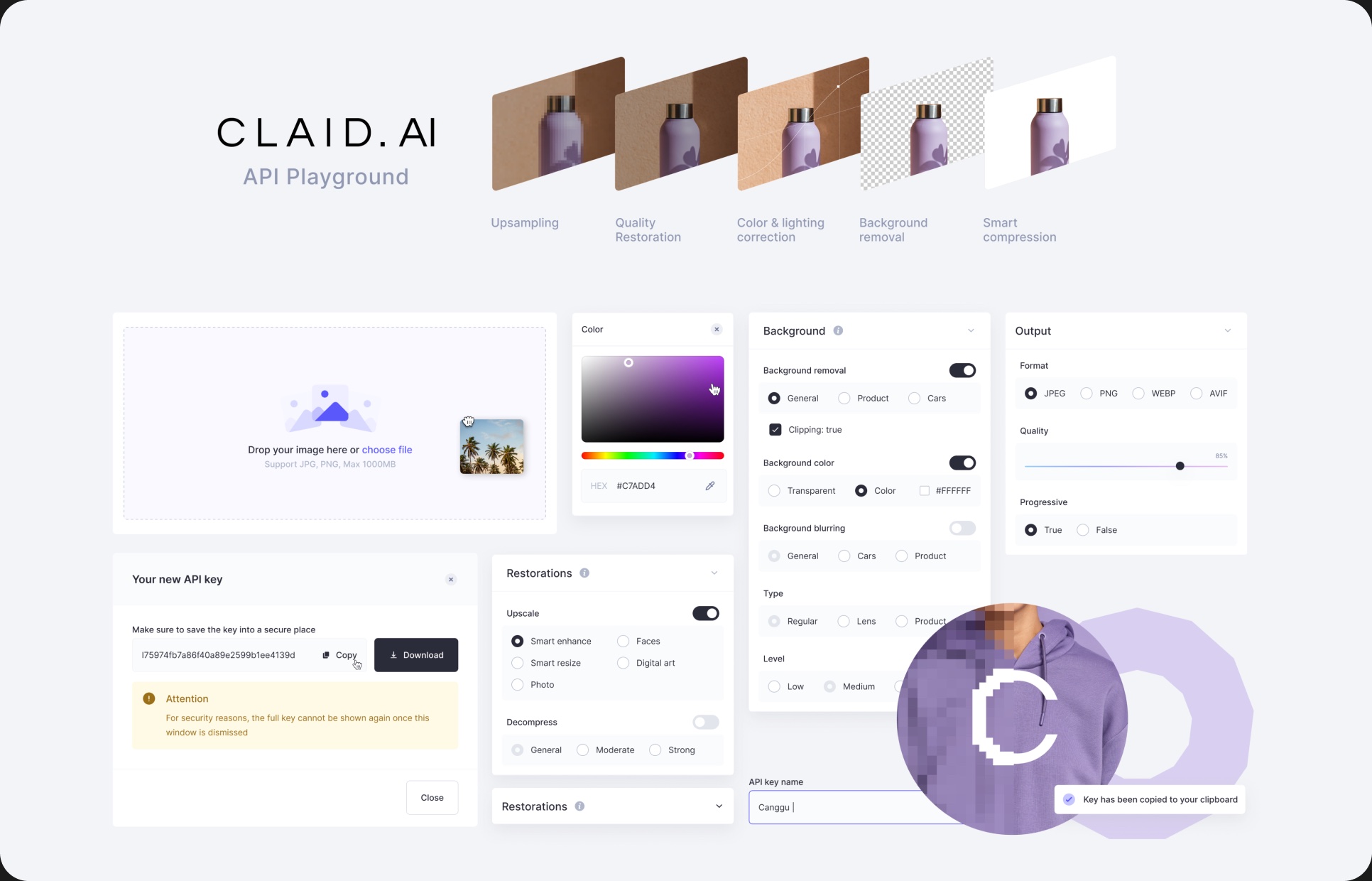 Claid API Playground: image operations, settings panels and a color picker