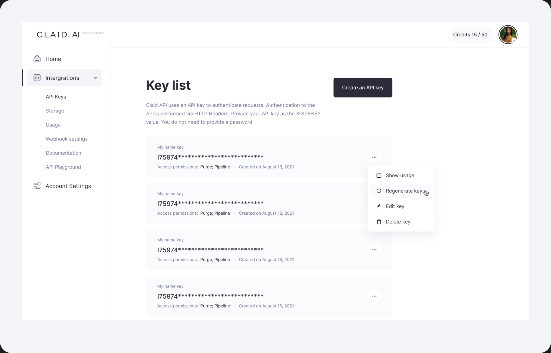Claid API key list: keys with created dates and an actions menu