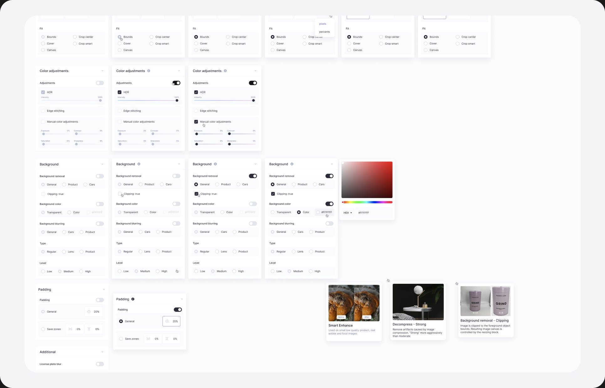 Claid API Playground settings panels: color adjustments, background, resizing and a color picker