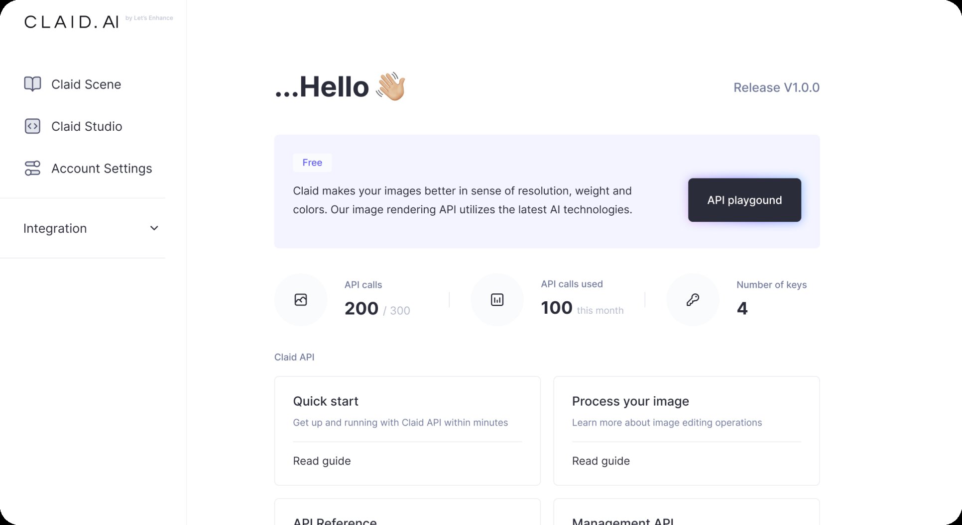 Claid API dashboard: welcome screen with API calls, usage and quick-start guides