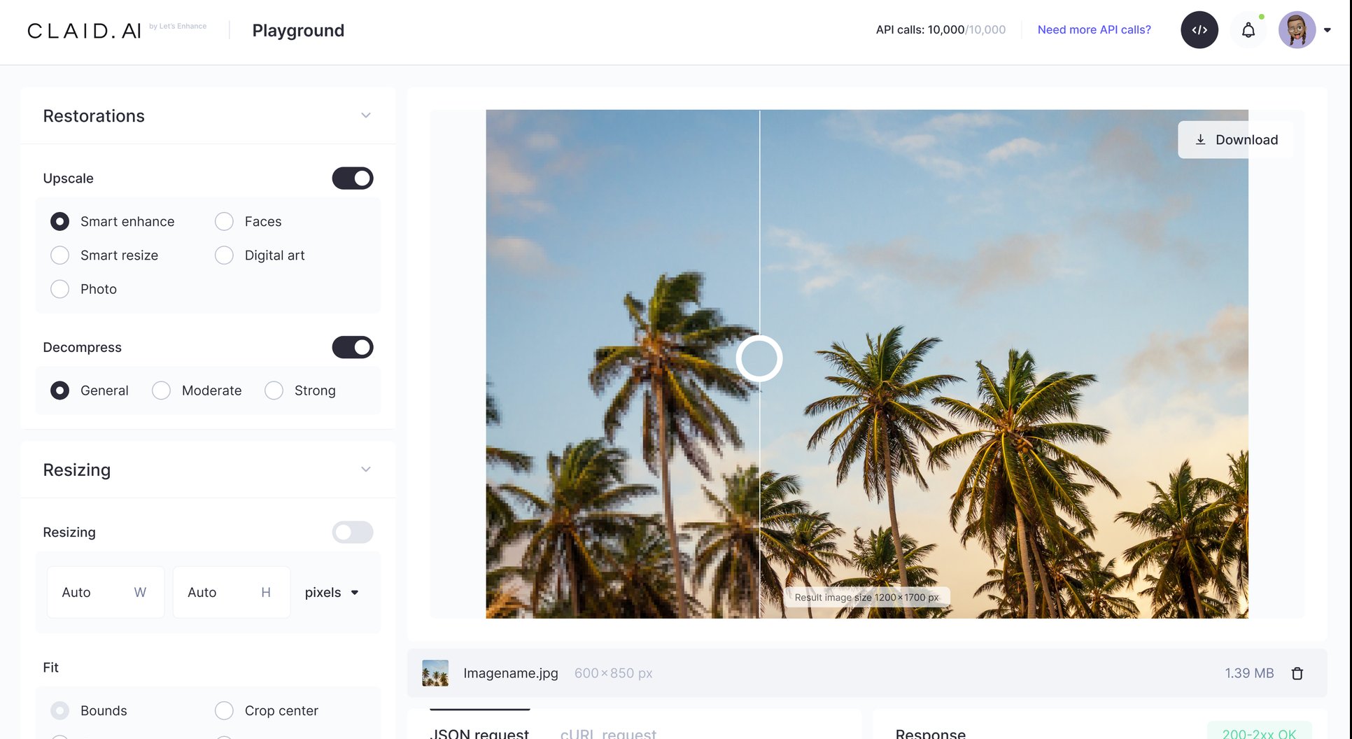 API Playground: upscale and decompress settings with a before/after palm tree photo