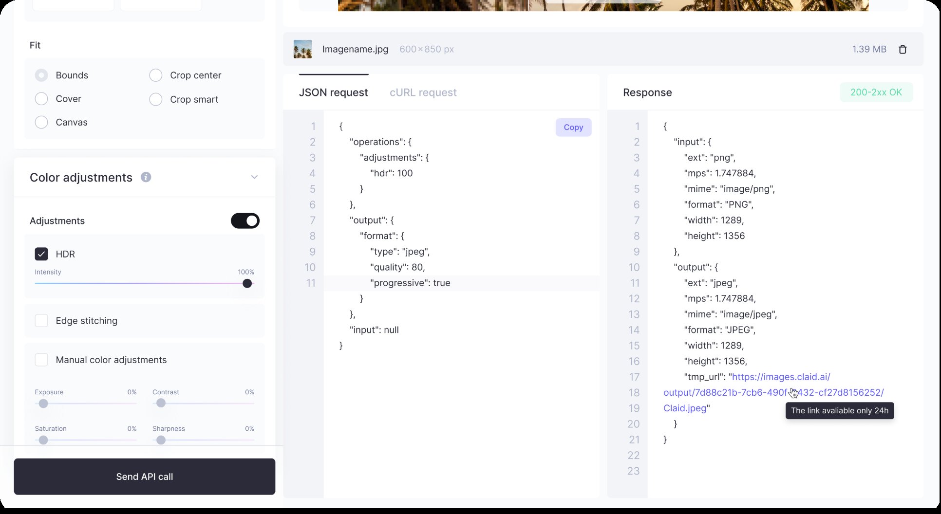 API Playground: color adjustments next to the generated JSON request and response