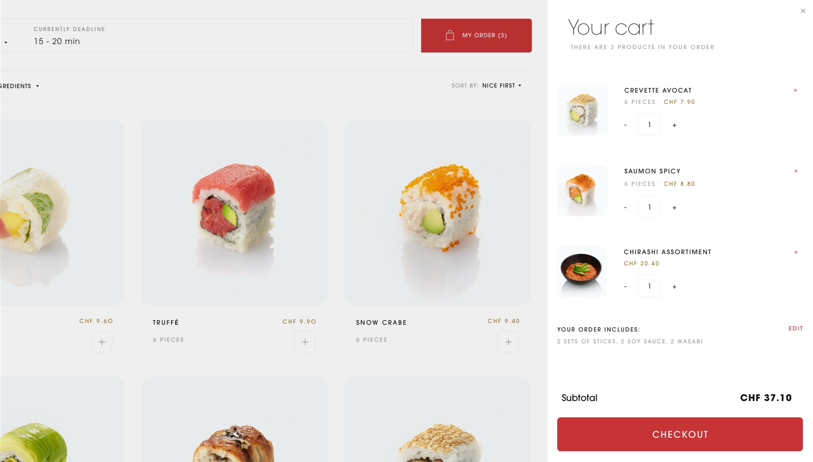 Sushitime: menu with the cart open