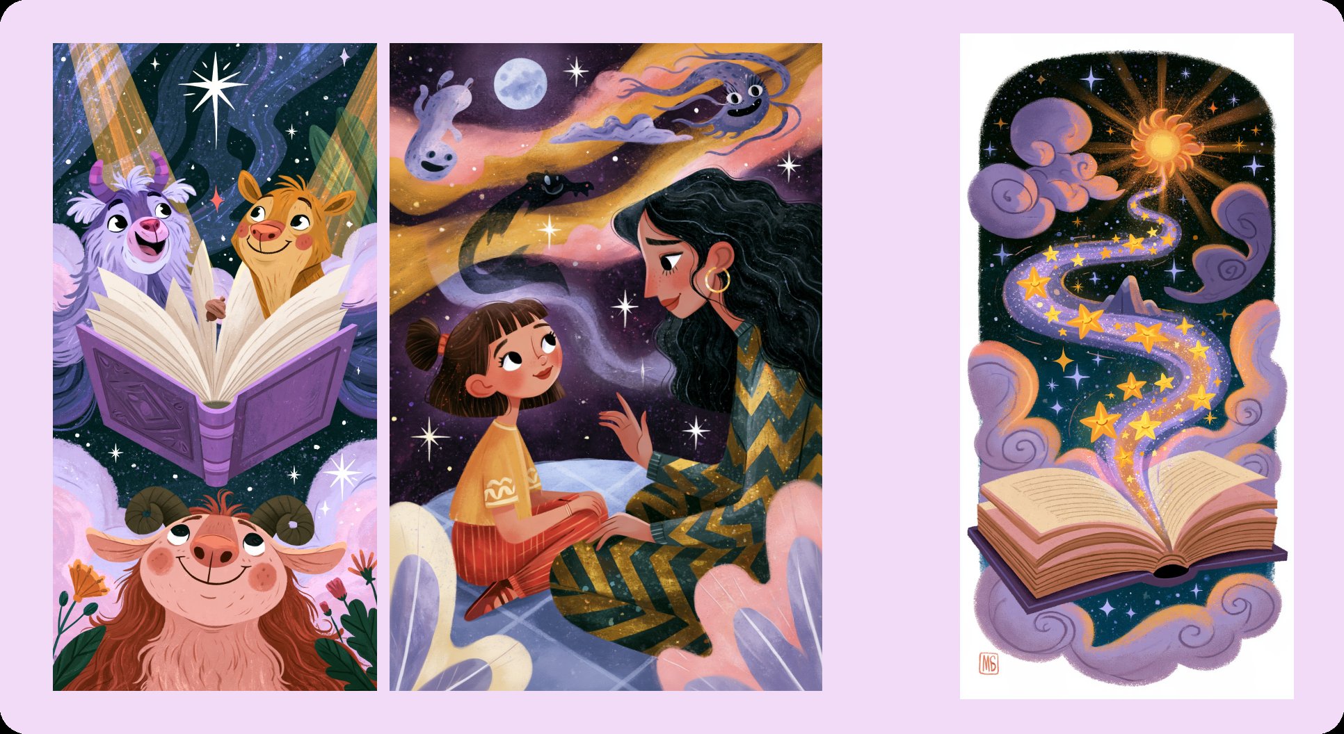 Three story illustrations: a goat and a llama reading a glowing book, a girl and her mother under a starry sky, and a magic book with a swirl of stars