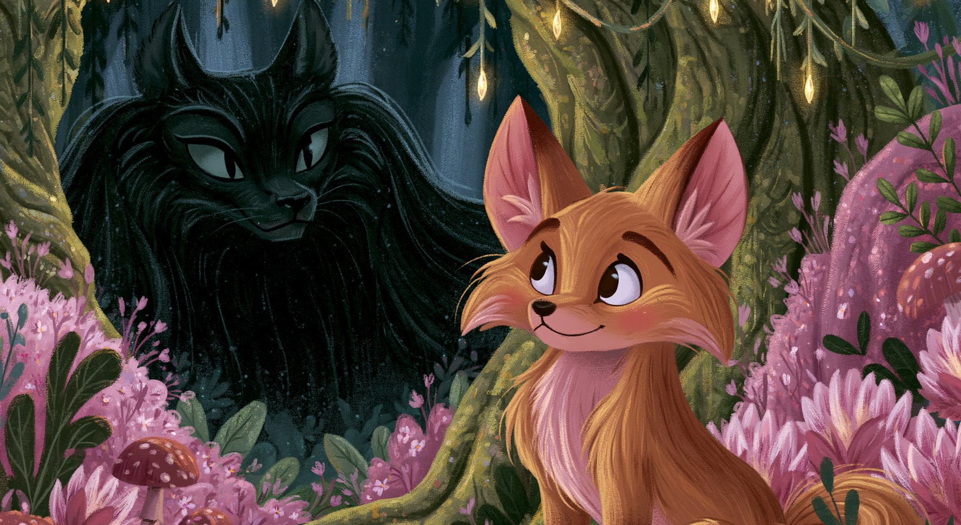 A little fox in a pink forest facing a giant shadow wolf
