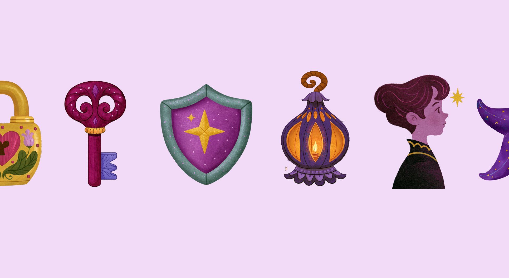 Hand-painted icons: padlock, key, shield with a star, lantern and a child profile