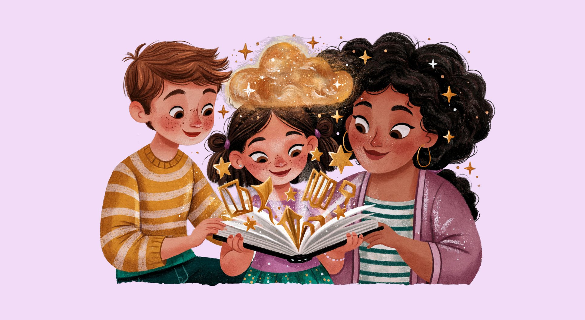 A family of three reading a magical book with golden sparkles