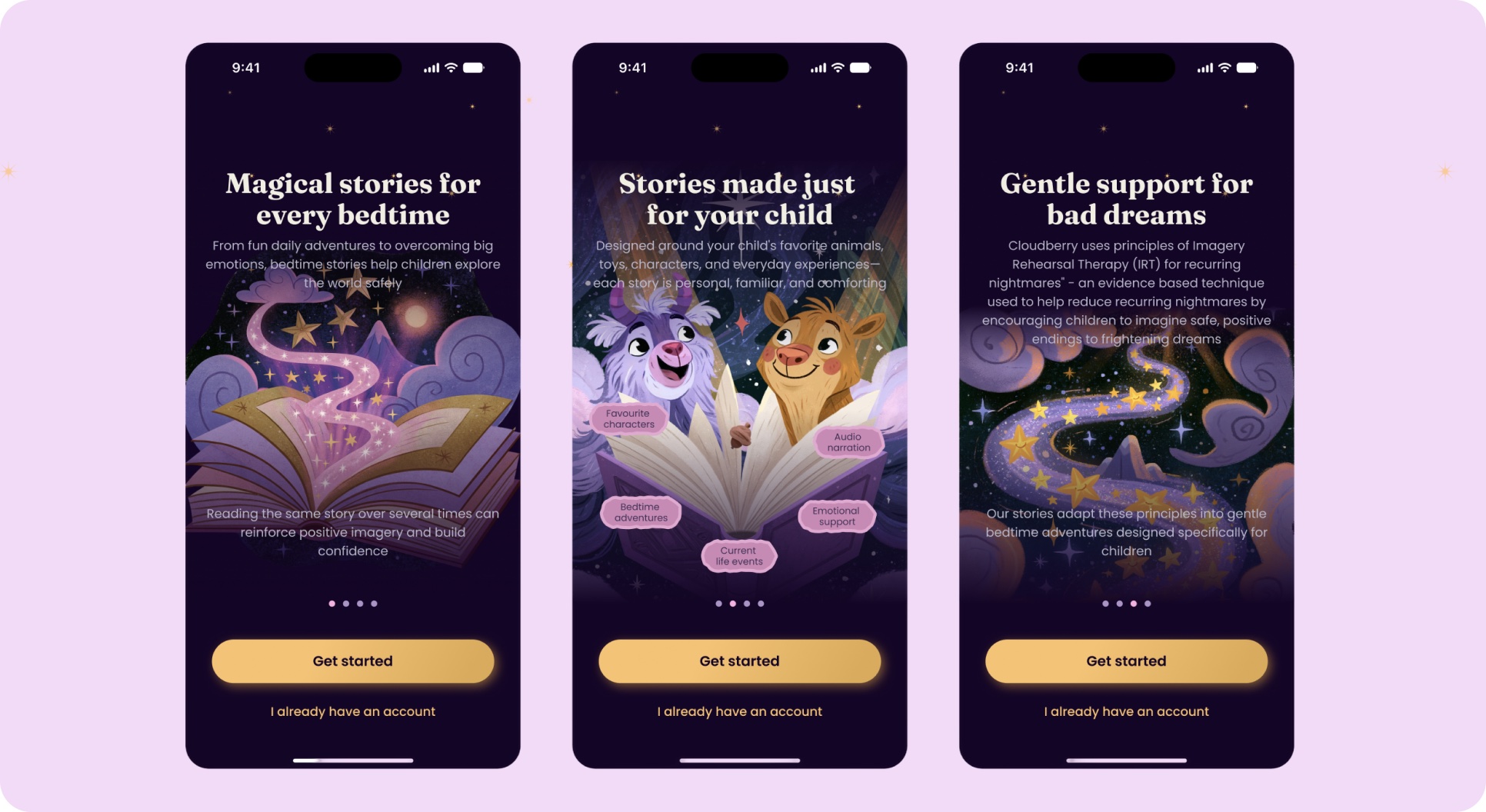 Three onboarding screens: Magical stories for every bedtime, Stories made just for your child, Gentle support for bad dreams