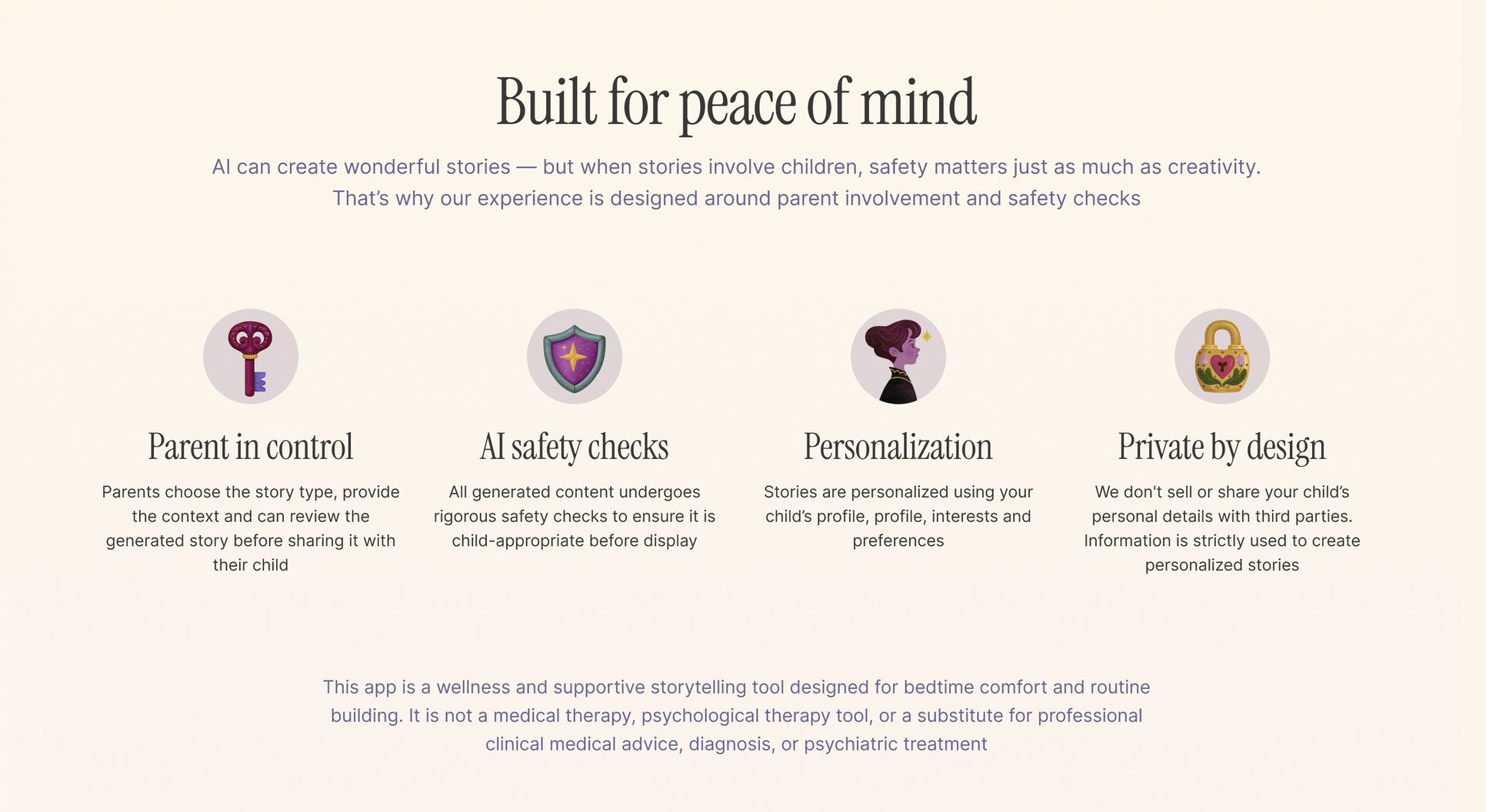 Website section Built for peace of mind with four illustrated icons: parent in control, AI safety checks, personalization, private by design