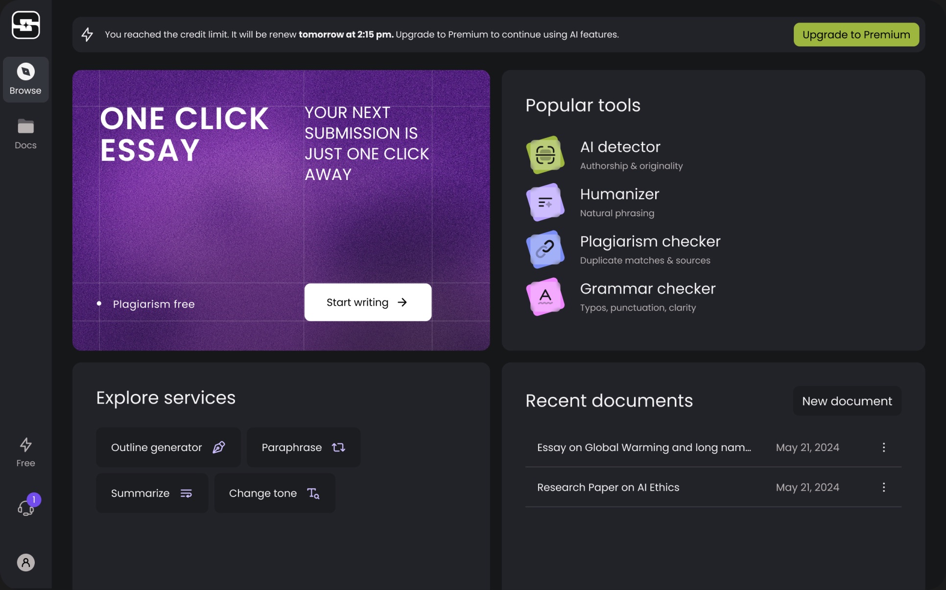 StudyPro home: One click essay banner, popular tools, explore services and recent documents
