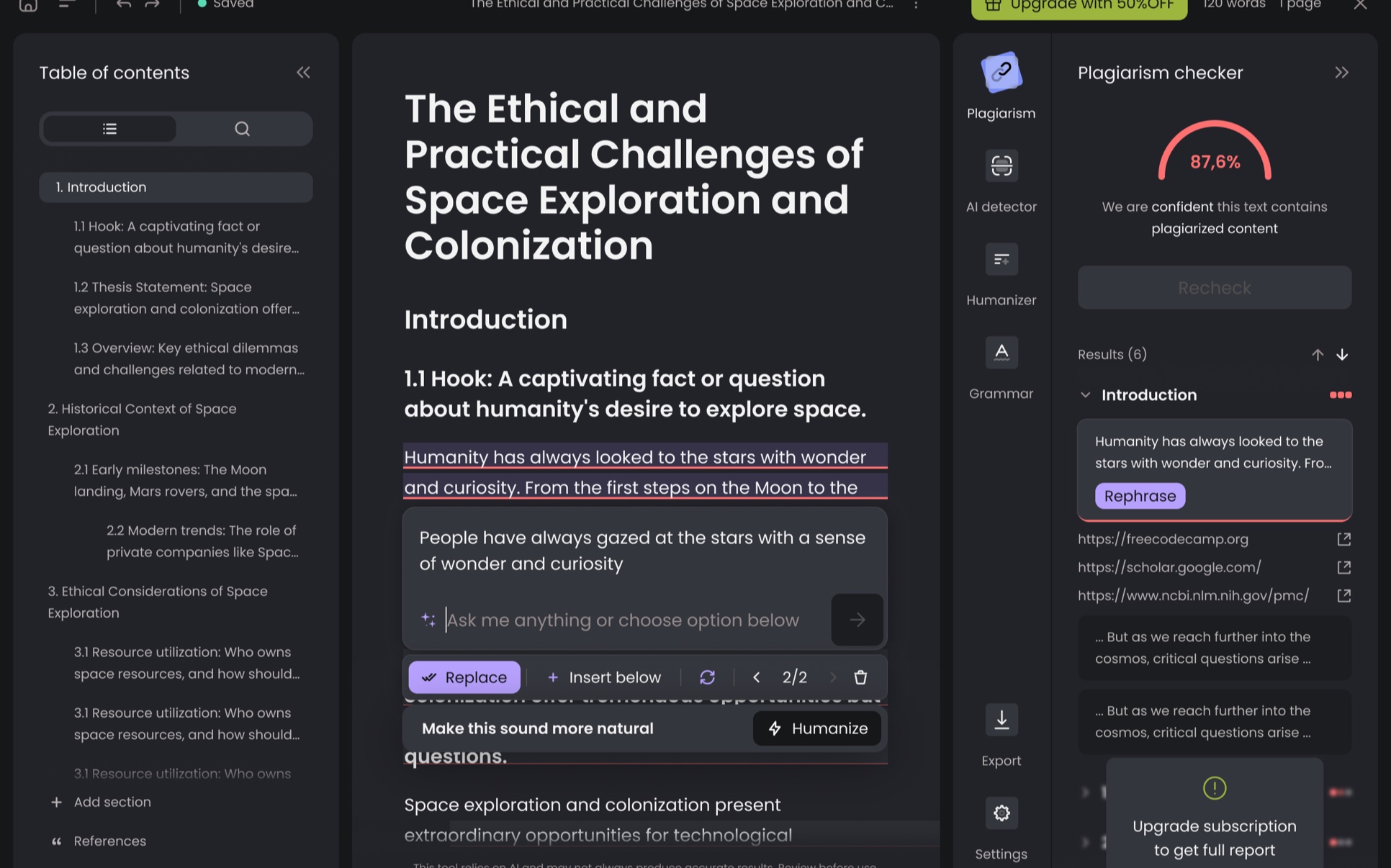 StudyPro editor: AI chat on a paper about space exploration, with a plagiarism checker panel
