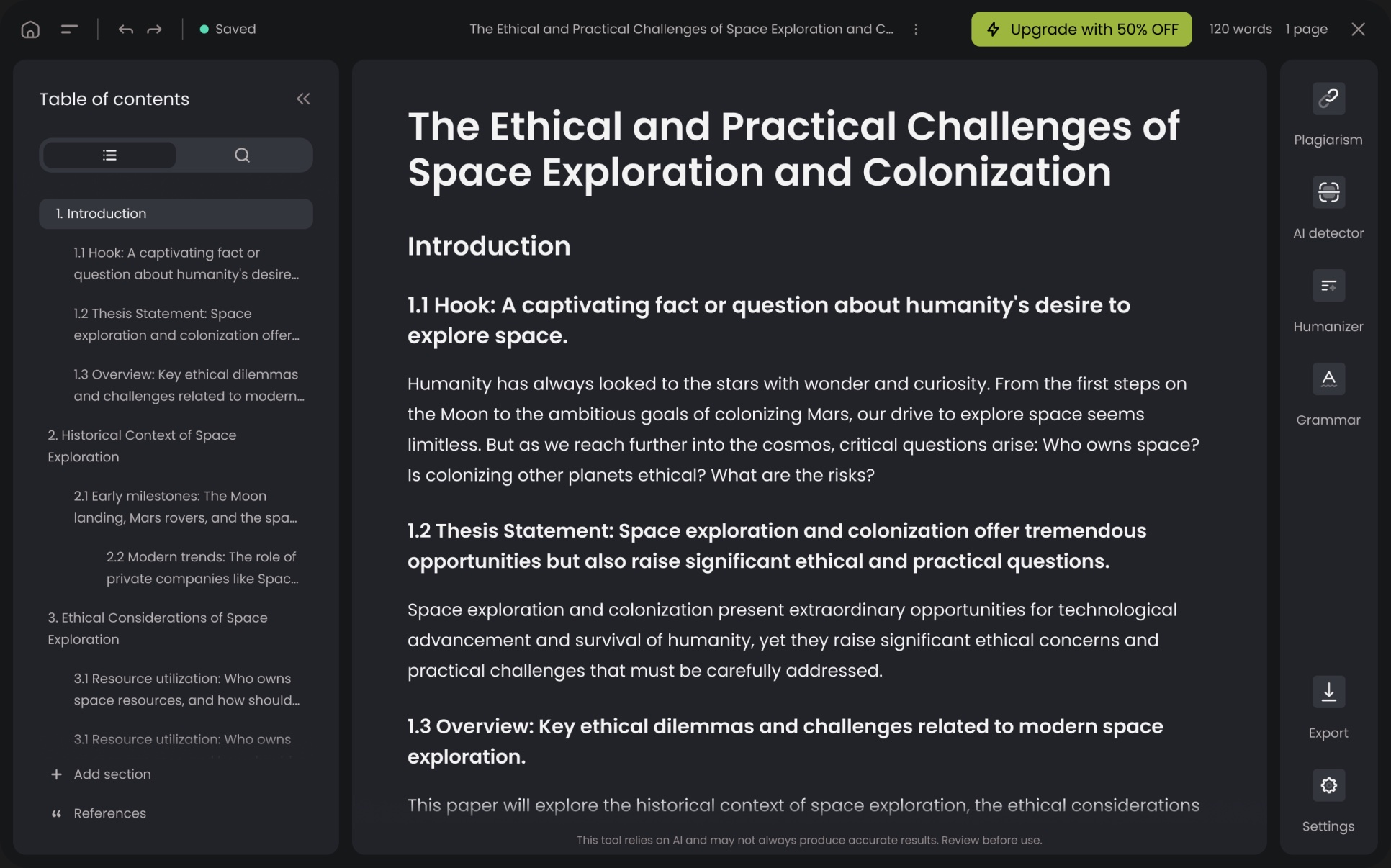 StudyPro editor: table of contents next to the paper The Ethical and Practical Challenges of Space Exploration and Colonization
