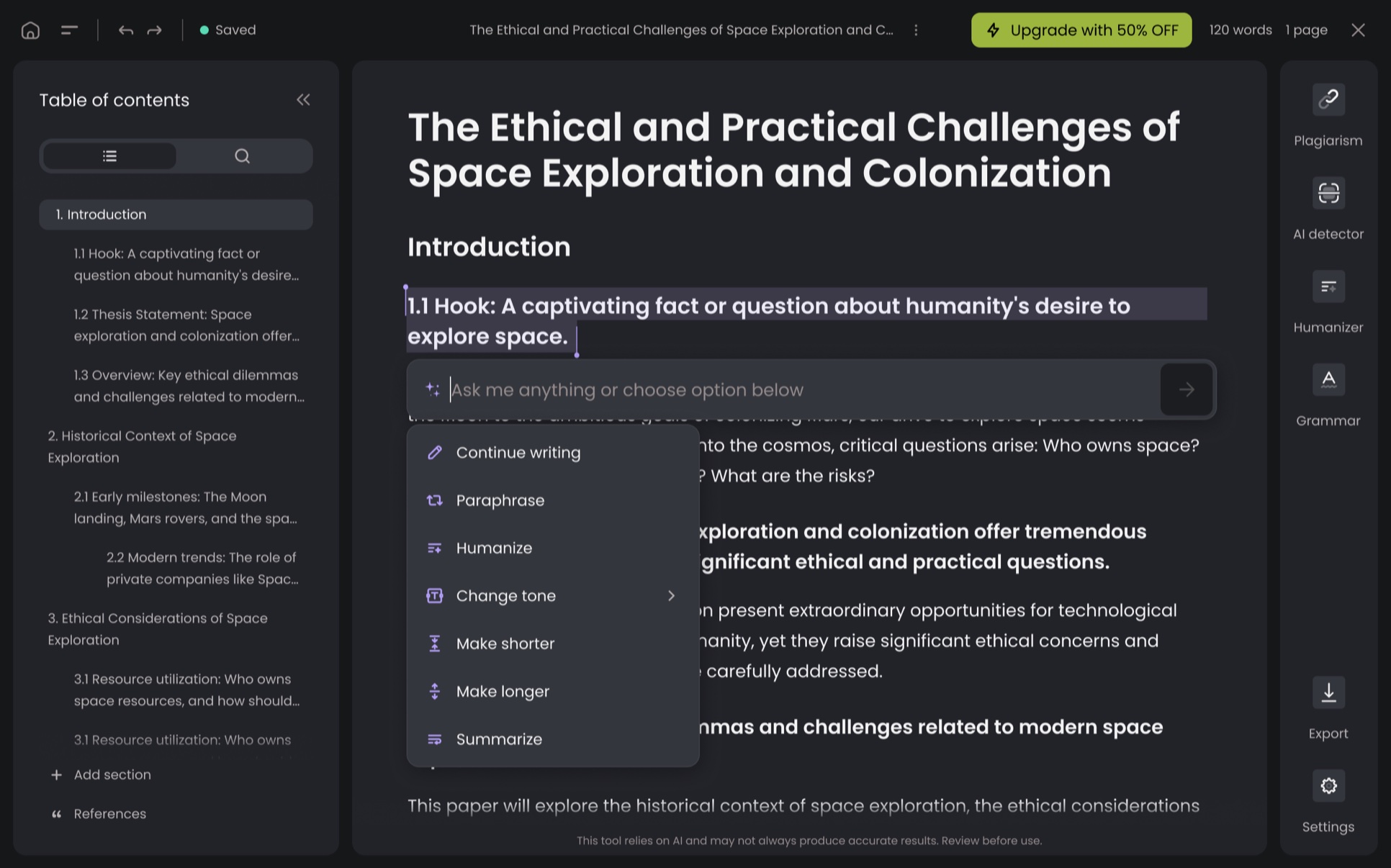 StudyPro editor: AI writing menu with continue writing, paraphrase, humanize and change tone